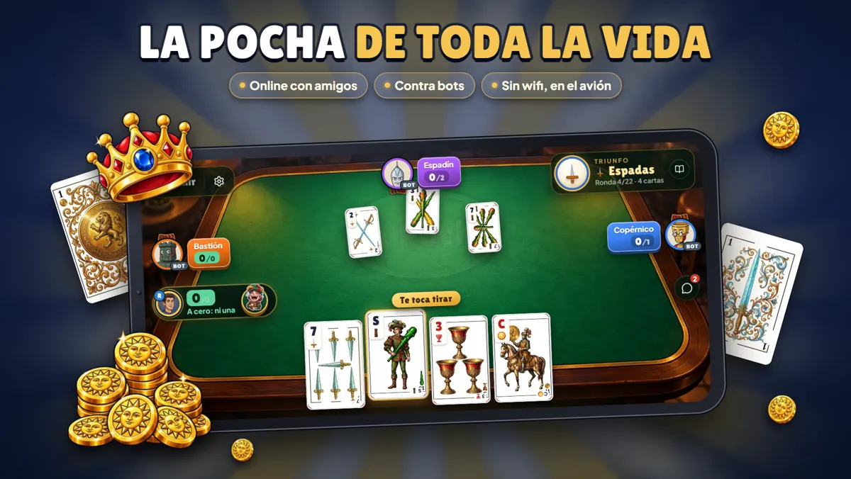 Una partida de La Pocha: la mesa verde con las cartas de la baraja española, los jugadores alrededor y el triunfo de espadas arriba a la derecha